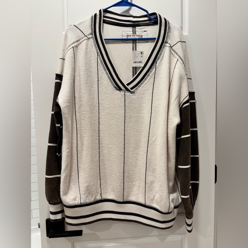 We The Free Cream and Brown V-Neck Sweater NWT